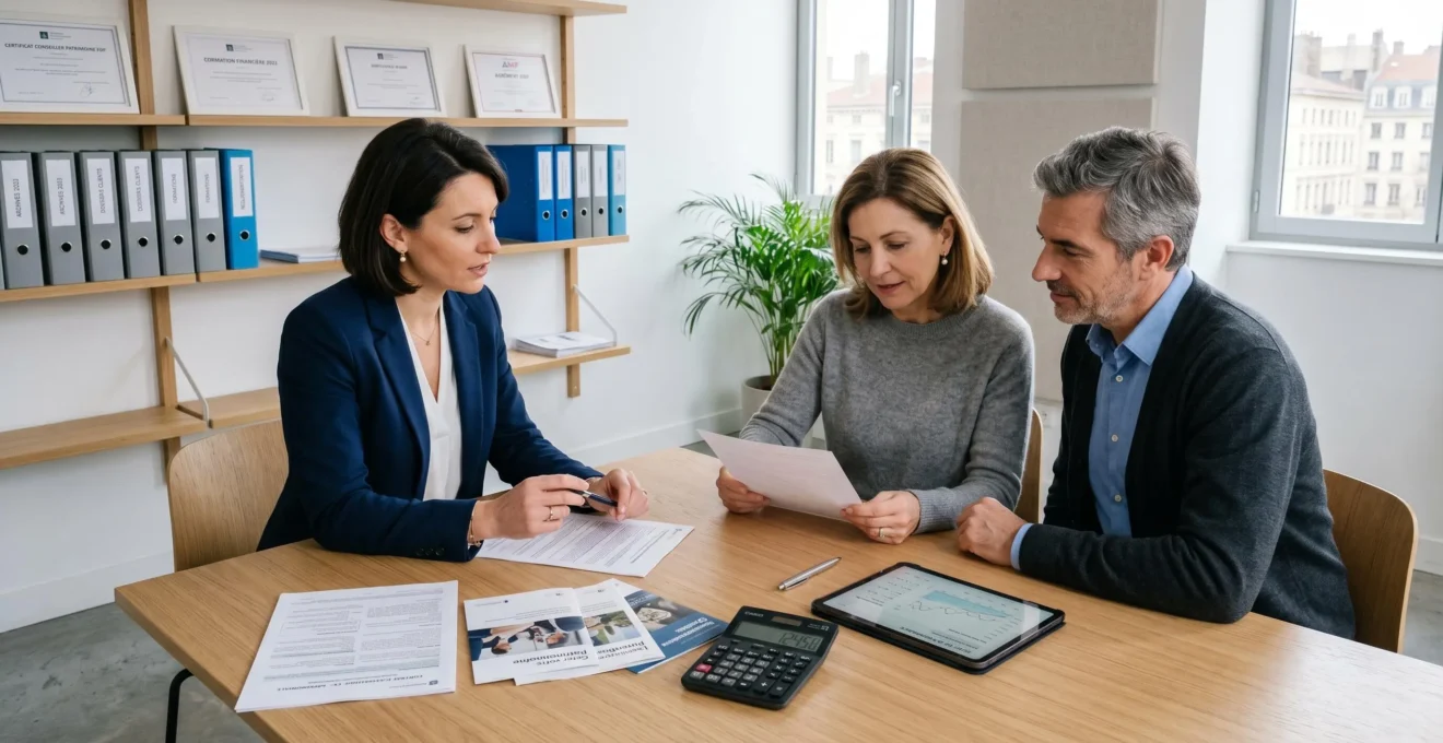 Conseillère financière discutant d'un contrat d'assurance vie avec un couple dans un bureau de gestion de patrimoine contemporain, documents et tablette sur la table