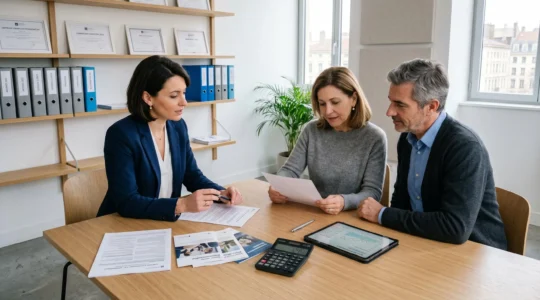 Conseillère financière discutant d'un contrat d'assurance vie avec un couple dans un bureau de gestion de patrimoine contemporain, documents et tablette sur la table