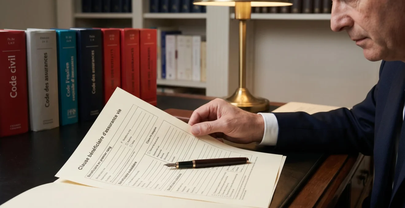 Document officiel de clause bénéficiaire d'assurance vie sur un bureau de notaire, avec stylo plume et main en train de relire les mentions légales