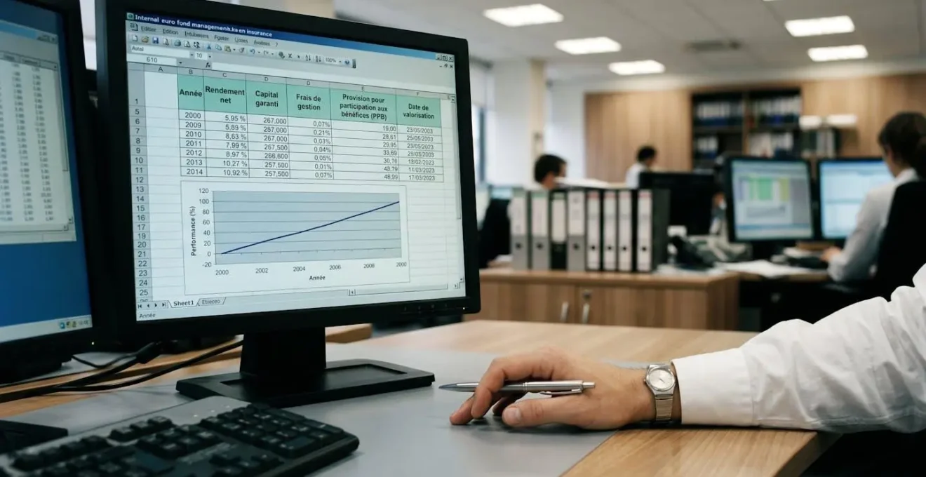 Écran d'ordinateur affichant l'interface de gestion d'un fonds en euros avec tableau de rendements et garantie du capital, main pointant les données