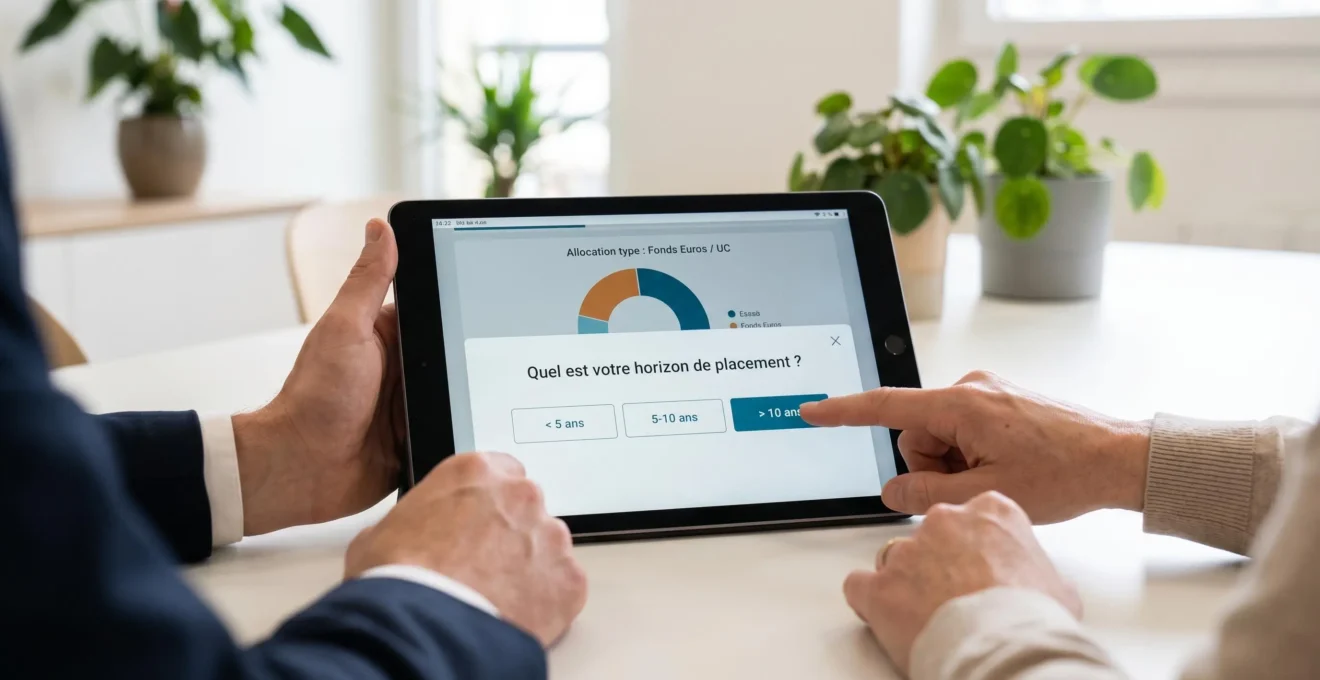 Tablette tactile affichant un questionnaire interactif de profil investisseur avec options d'horizon de placement, deux mains interagissant avec l'écran