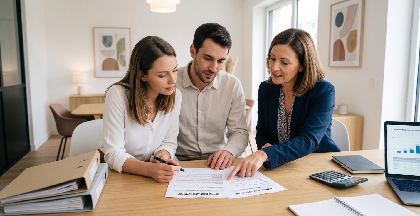 Un jeune couple rencontre un conseiller professionnel pour finaliser leur assurance emprunteur, examinant les documents de quotité sur le bureau