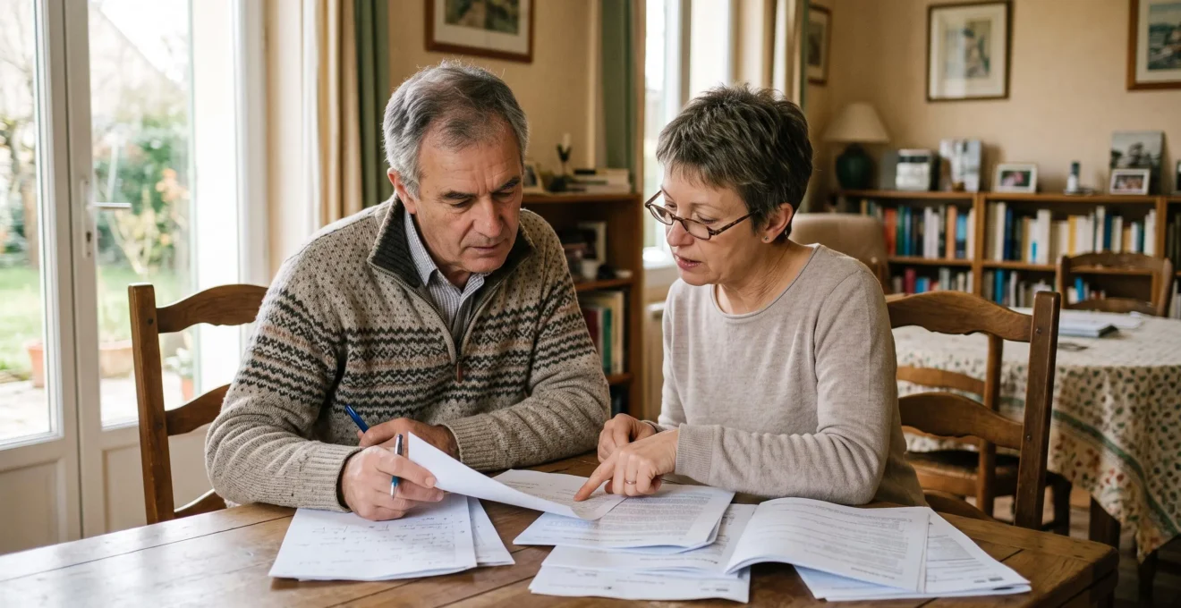 Un couple d'âge mûr examine attentivement des documents d'assurance et de prévoyance installé à la table de leur salle à manger dans une ambiance domestique chaleureuse