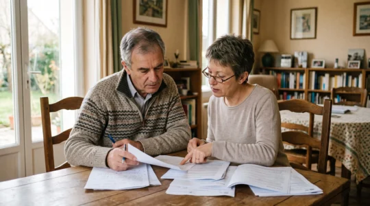Un couple d'âge mûr examine attentivement des documents d'assurance et de prévoyance installé à la table de leur salle à manger dans une ambiance domestique chaleureuse