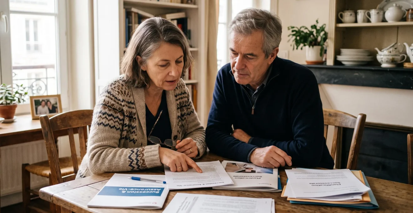 Un couple d'âge mûr examine attentivement des documents d'assurance et de prévoyance installé à la table de leur salle à manger dans une ambiance domestique chaleureuse
