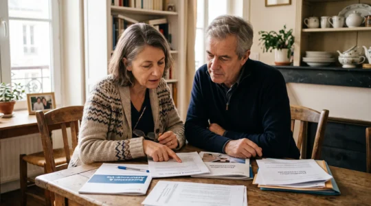 Un couple d'âge mûr examine attentivement des documents d'assurance et de prévoyance installé à la table de leur salle à manger dans une ambiance domestique chaleureuse