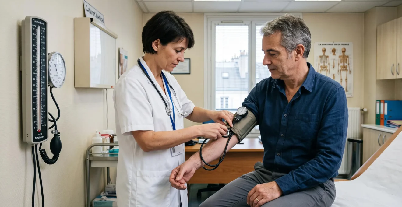 Un professionnel de santé mesure la tension artérielle d'un patient dans le cadre d'une évaluation médicale pour une souscription d'assurance