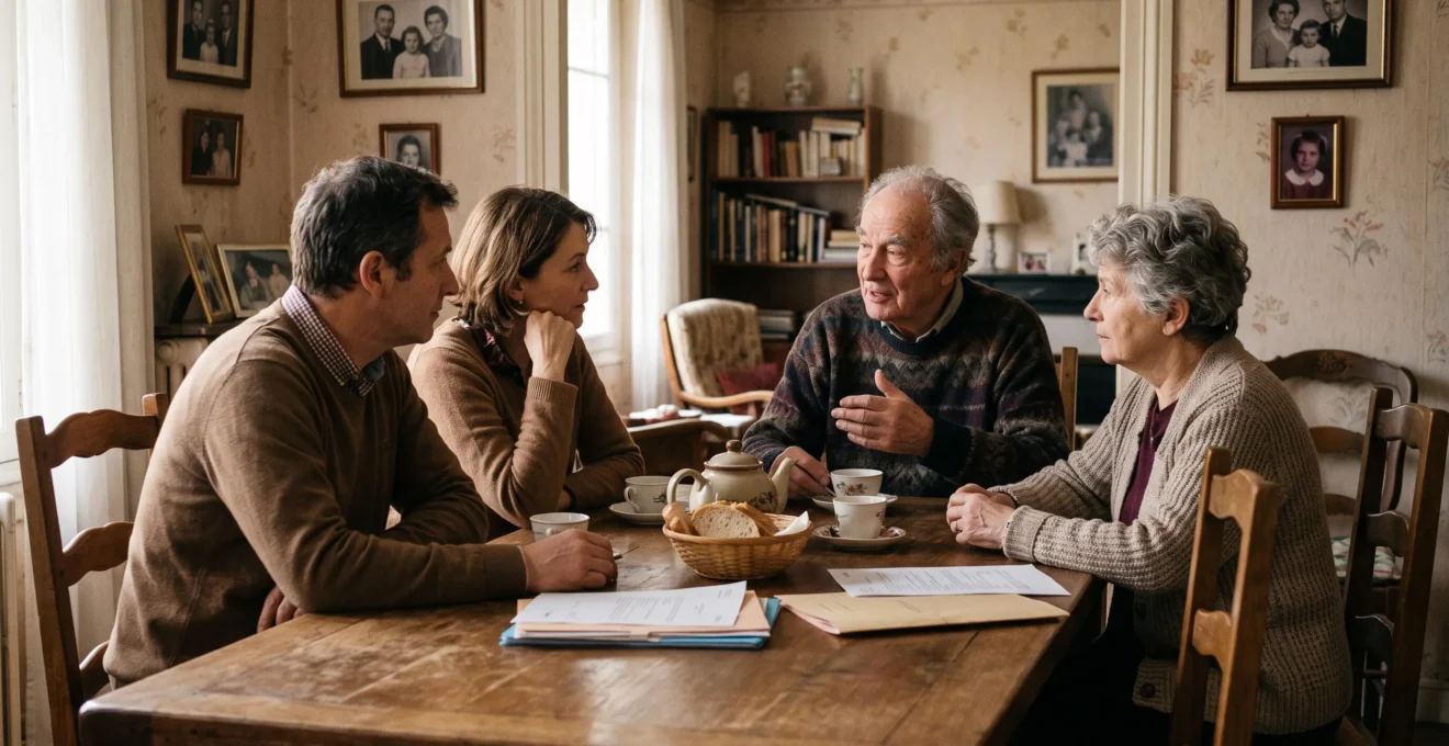 Une famille sur trois générations réunie autour d'une table pour une discussion sérieuse sur la planification successorale et la transmission patrimoniale