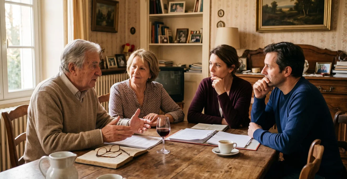 Une famille sur trois générations réunie autour d'une table pour une discussion sérieuse sur la planification successorale et la transmission patrimoniale