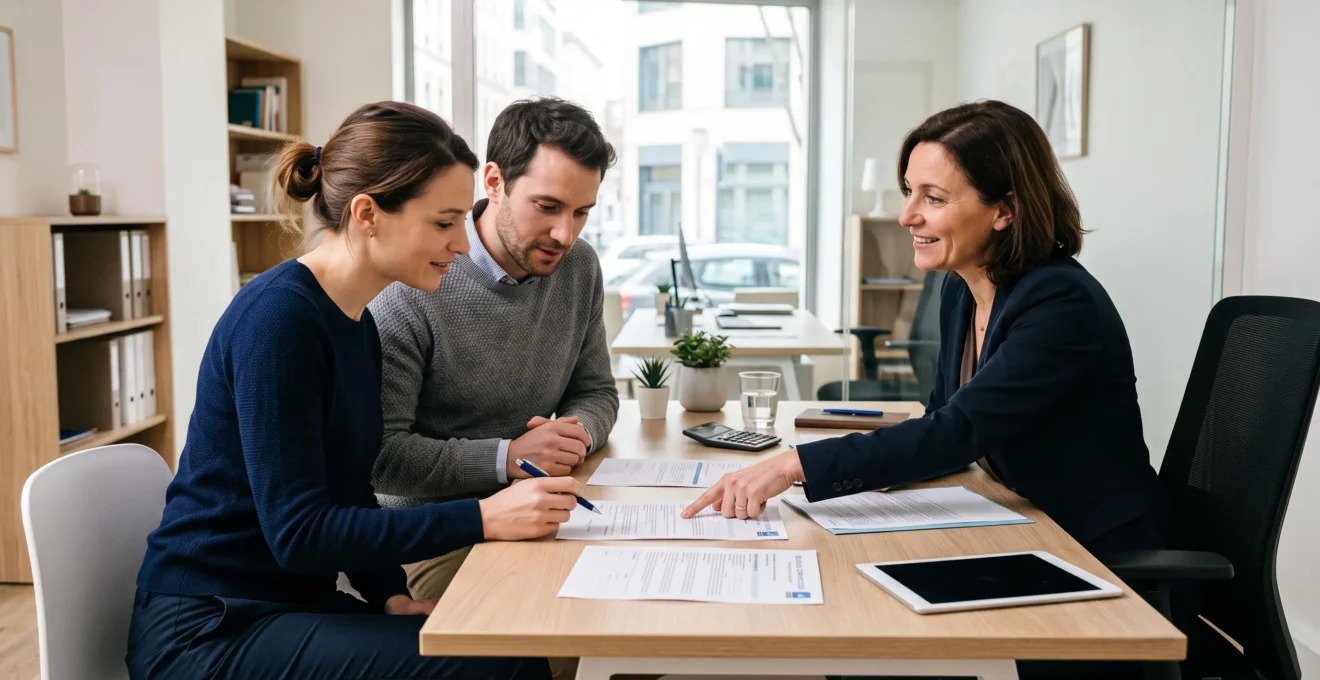 Un jeune couple rencontre un conseiller professionnel pour finaliser leur assurance emprunteur, examinant les documents de quotité sur le bureau