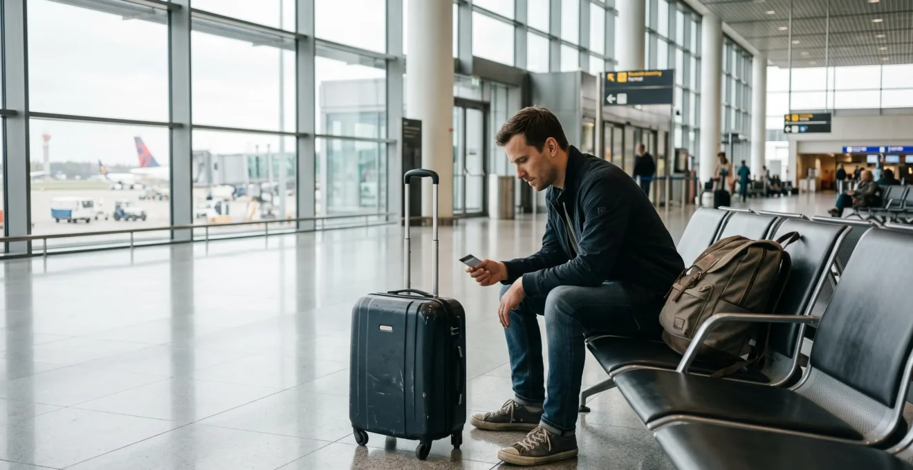 Un voyageur assis dans un aéroport examine sa carte bancaire avant de partir.